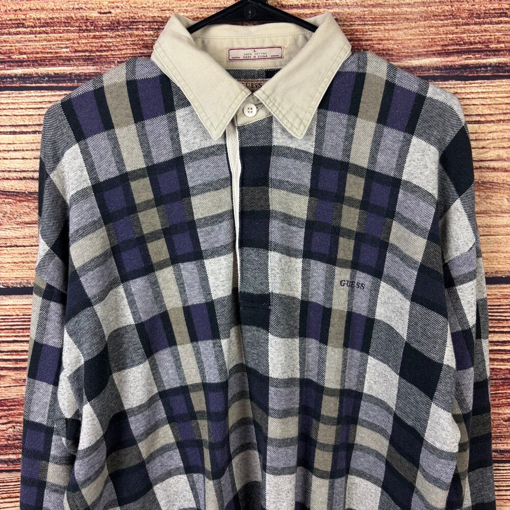 Vintage 1990s Guess Plaid Polo Long Sleeve Shirt